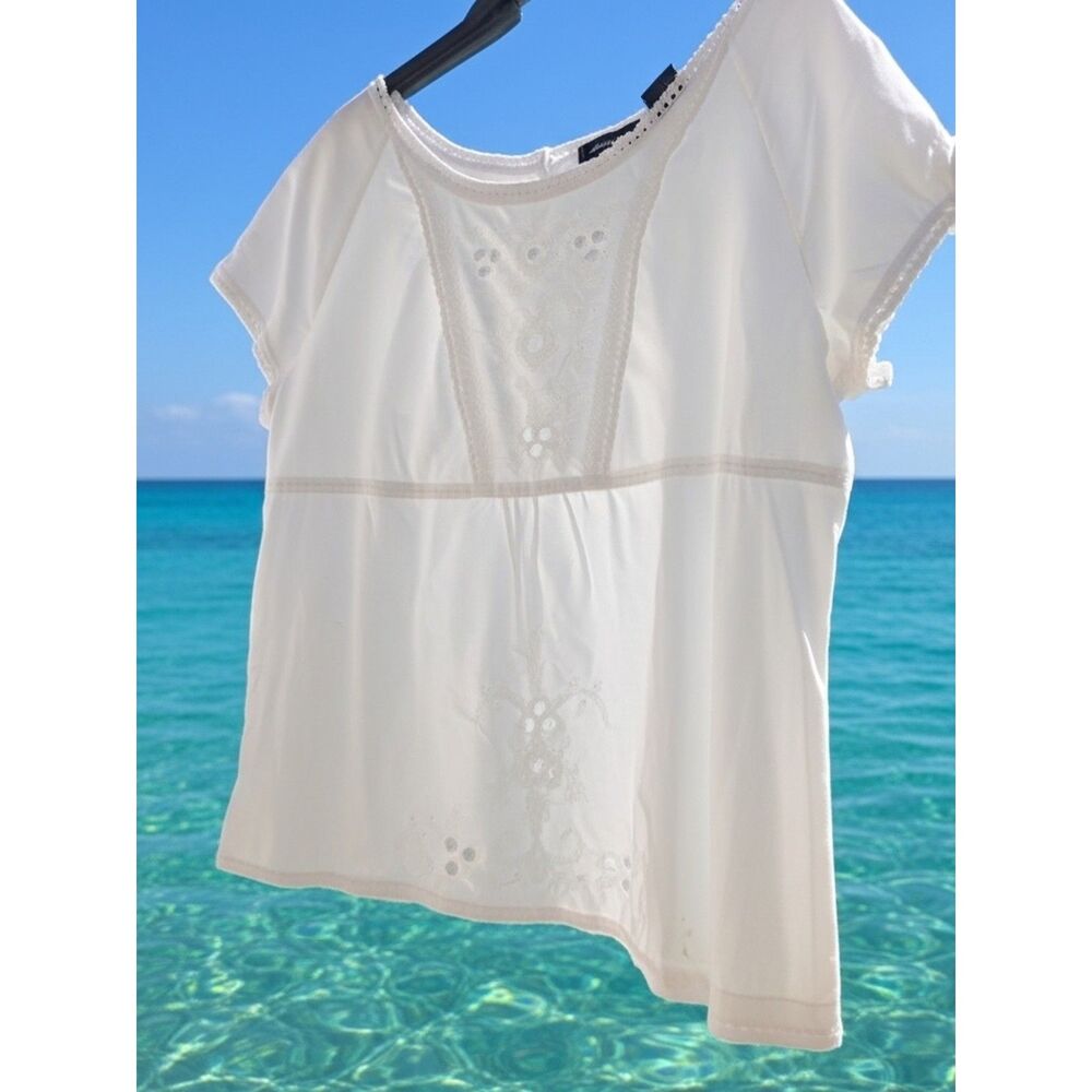 NWOT Eddie Bauer White Button-Back Eyelet Lace Top L | Coastal Preppy Blouse